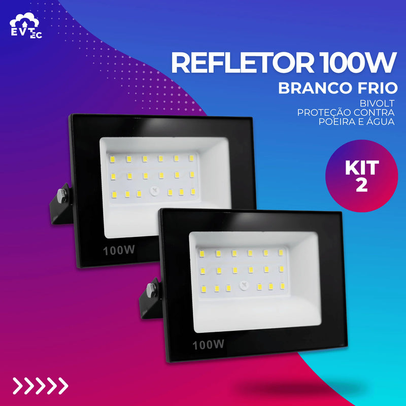 Kit 2 Refletor Bivolt Led 100w Holofote Prova Dágua Cor De Luz Branco Frio